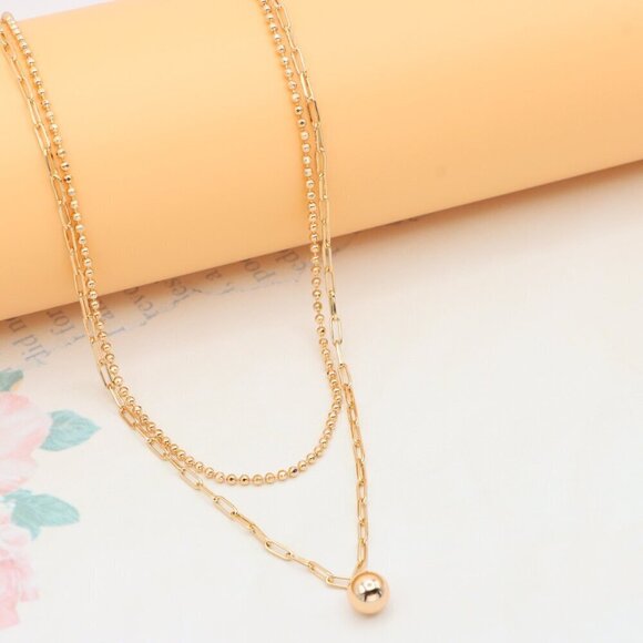 Layered Rose Gold Necklace with Ball Charm, XPNL0350 - Picture 6 of 13